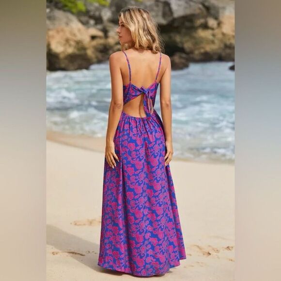 Blue/Red Cupshe Floral Tie-Back Maxi Dress Size M NWT - Picture 7 of 8